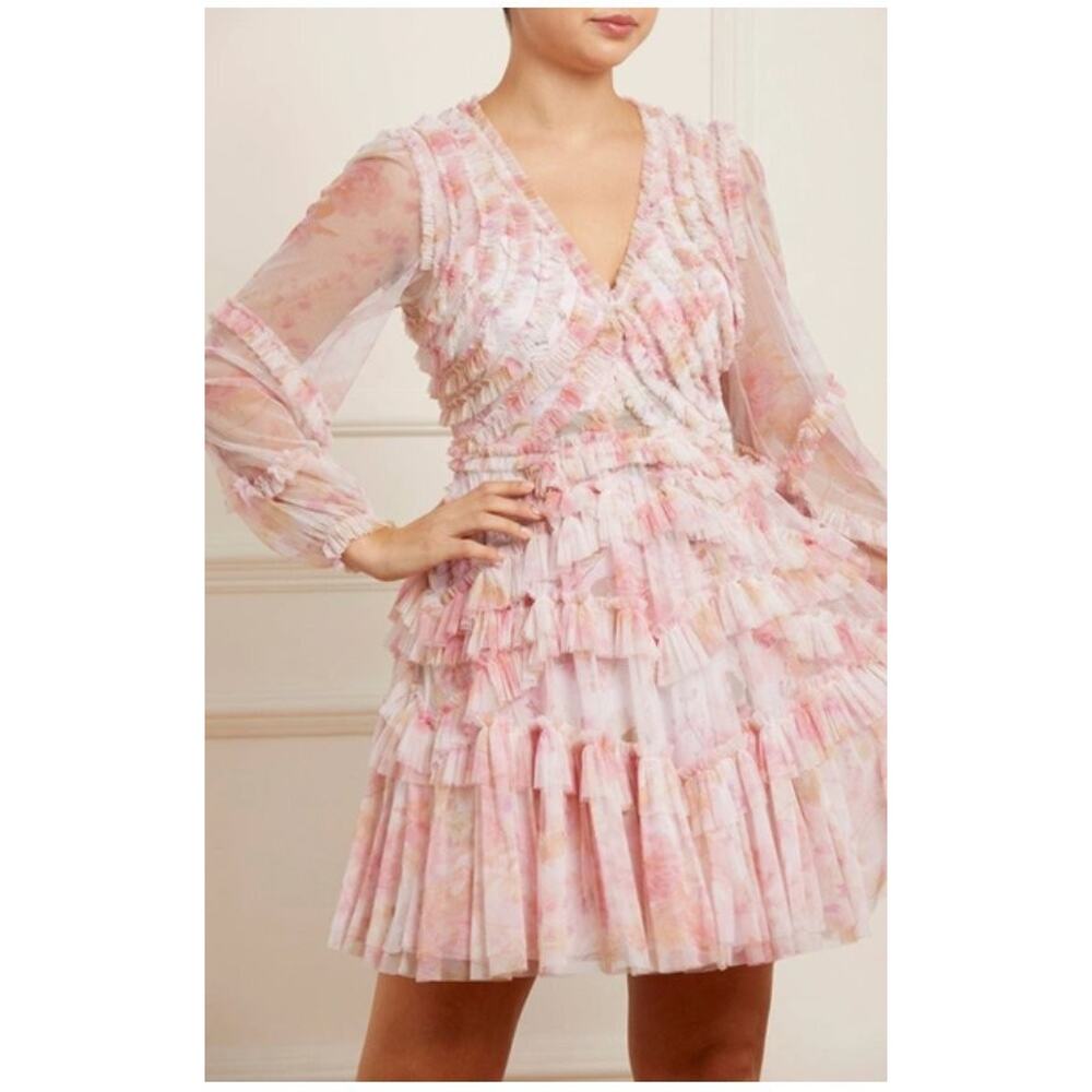 Needle & Thread Pink Floral Ruffled Long Sleeve Dress